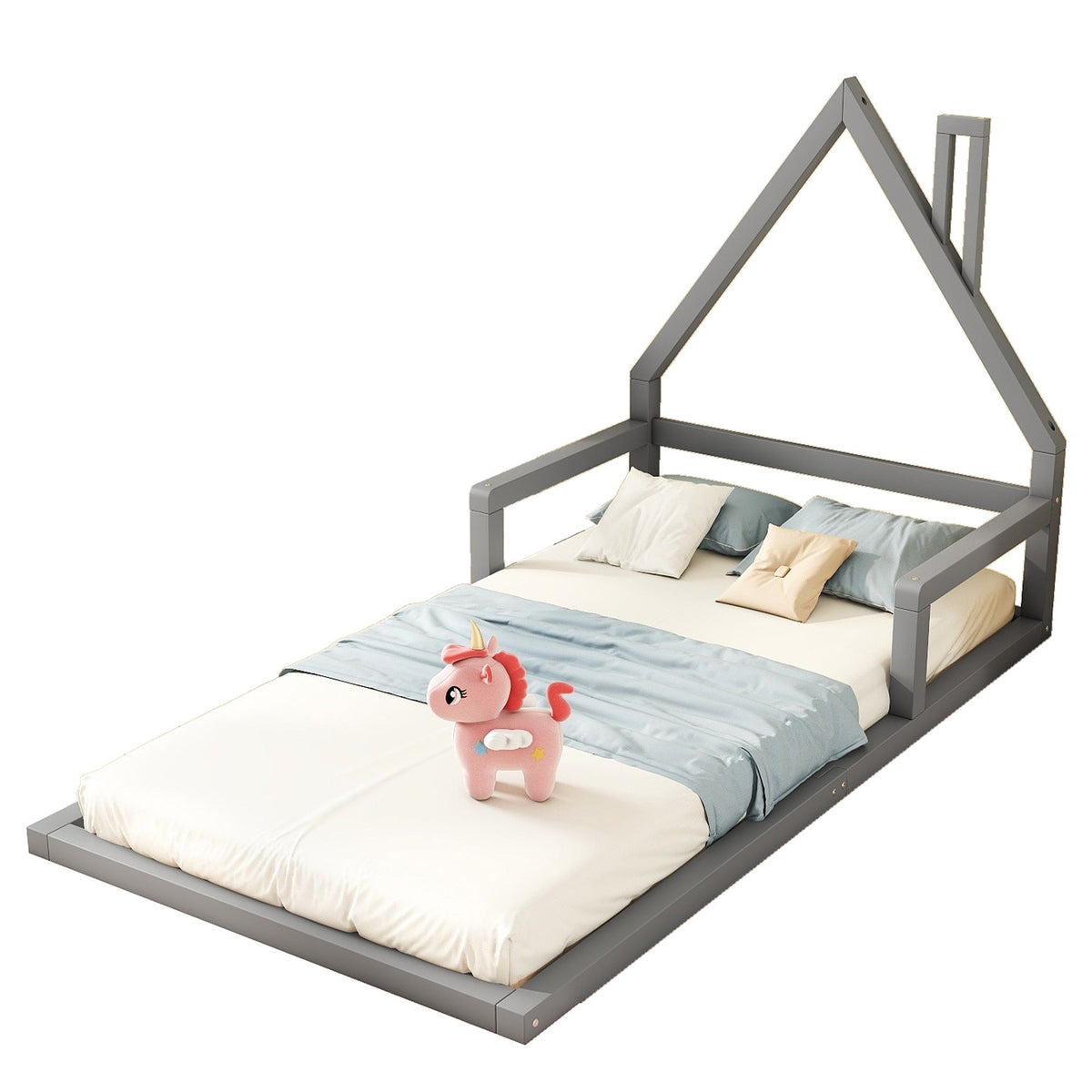 House Bed 90x200cm Flat Bed Simple Design Solid Pine - Grey