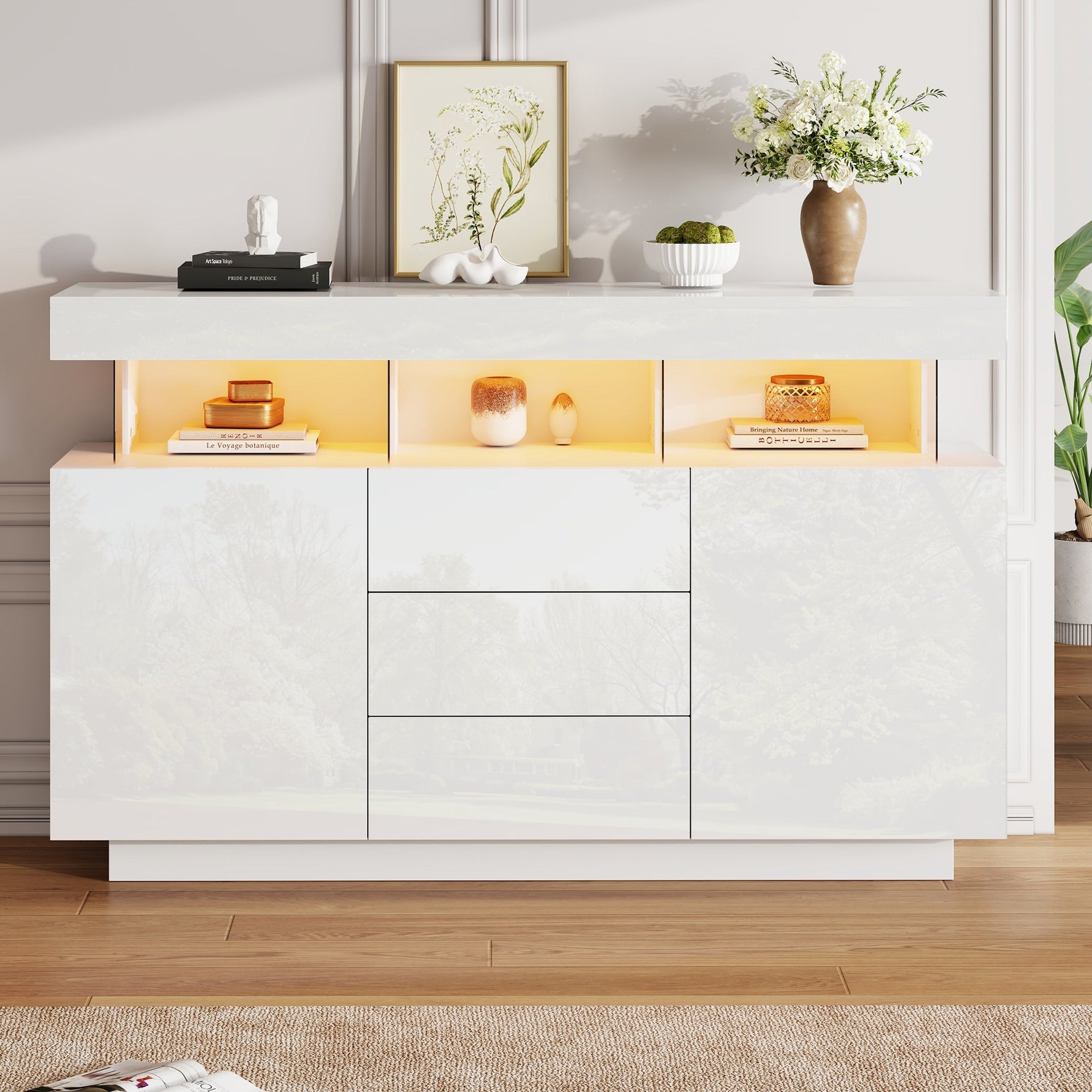 Modern Sideboard High-Gloss Coffee Bar LED Light Strip 140x35x80cm White Acrylic