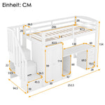 Loft Bed with Wardrobe, Desk, Stairs and Drawers, 90 x 200cm, White