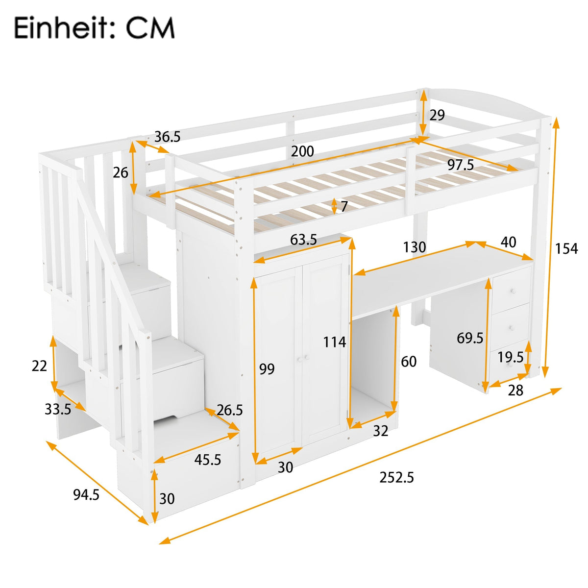Loft Bed with Wardrobe, Desk, Stairs and Drawers, 90 x 200cm, White