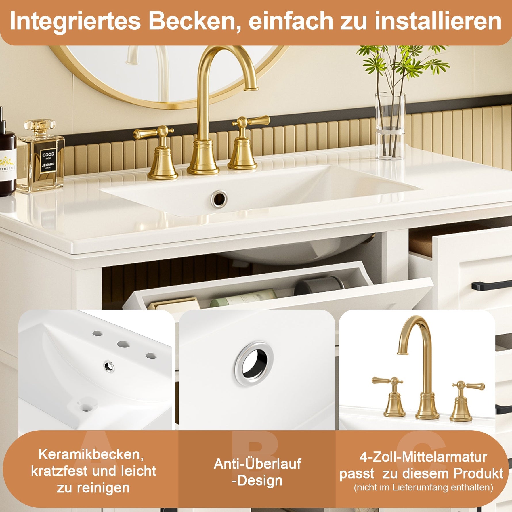 Bathroom Vanity Unit with Ceramic Sink and Soft-Close Drawers, White and Black