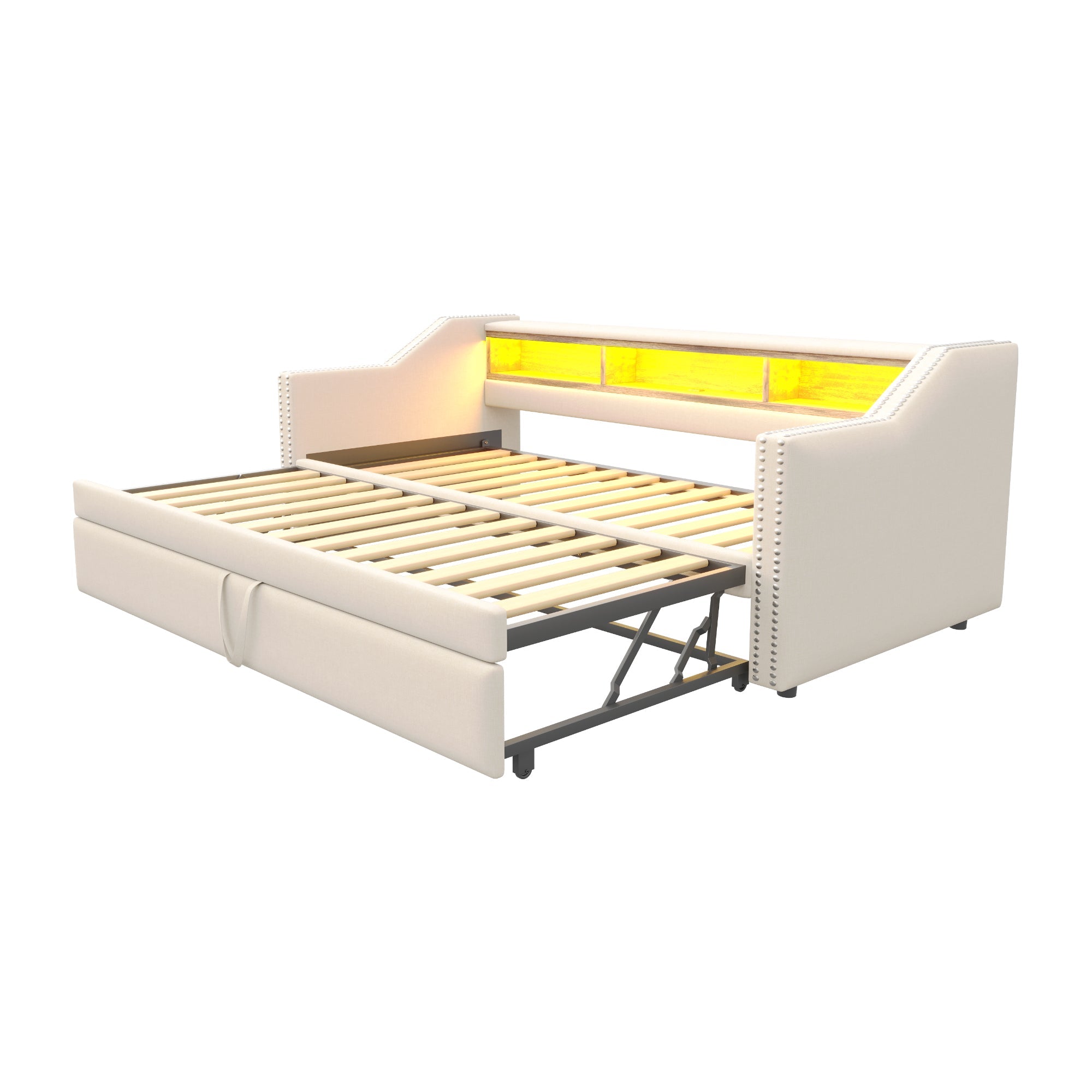 Upholstered Bed Extendable Sofa Bed 90/180 x 190 cm, Storage, LED, USB, Slatted Frame, Beige