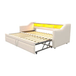 Upholstered Bed Extendable Sofa Bed 90/180 x 190 cm, Storage, LED, USB, Slatted Frame, Beige