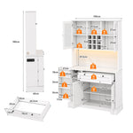 Tall Kitchen Cabinet with LED Lighting, Power Outlet and Spice Rack, White and Wood Look