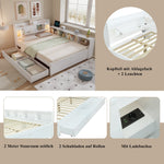 Double Bed Panel Headboard Storage Lights USB Cabinets Drawers Pine+Chipboard+MDF, White, 140x200cm