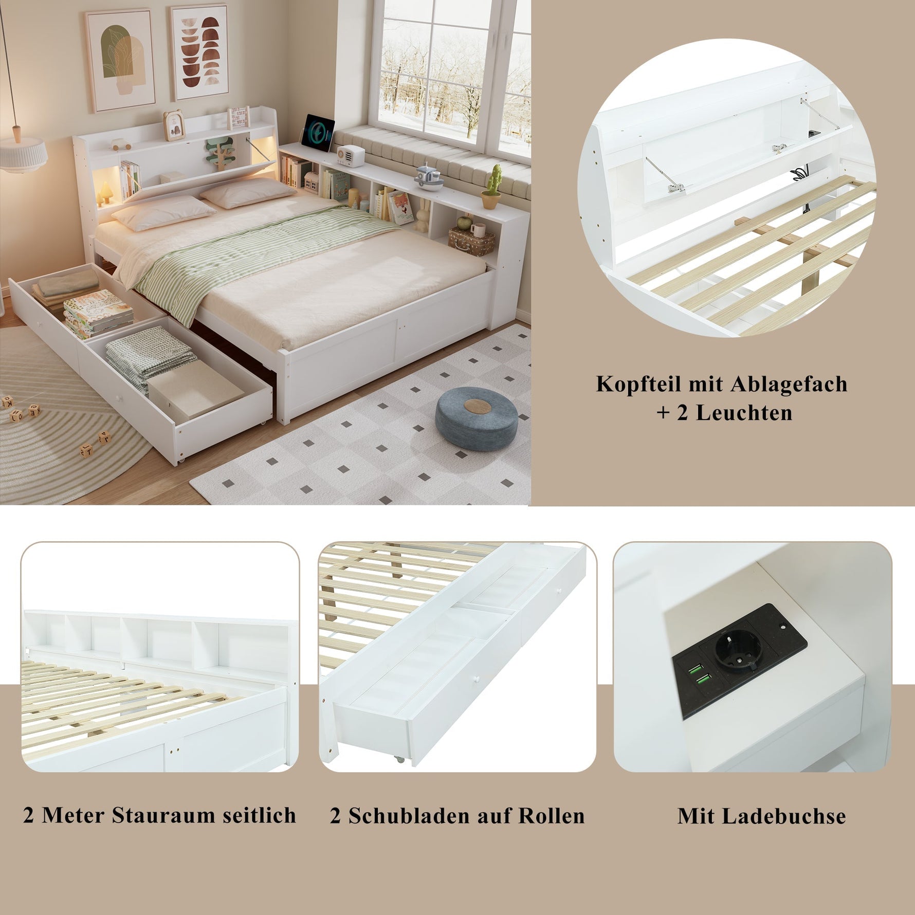 Double Bed Panel Headboard Storage Lights USB Cabinets Drawers Pine+Chipboard+MDF, White, 140x200cm