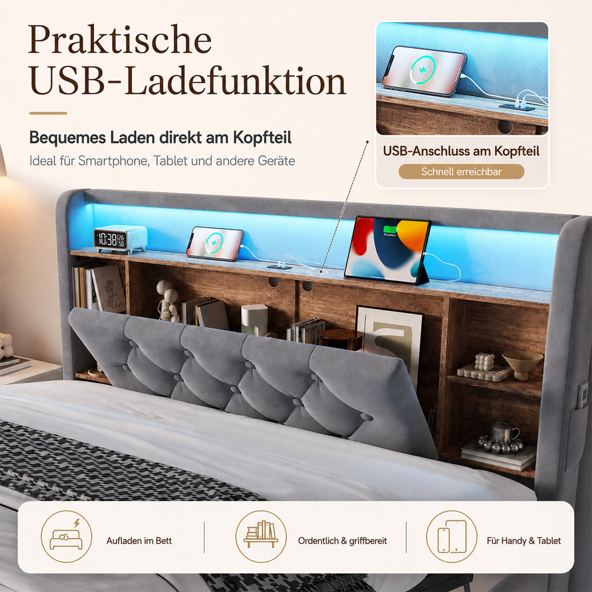 Upholstered Bed 140x200cm with Storage & LED, Velvet Dark Gray