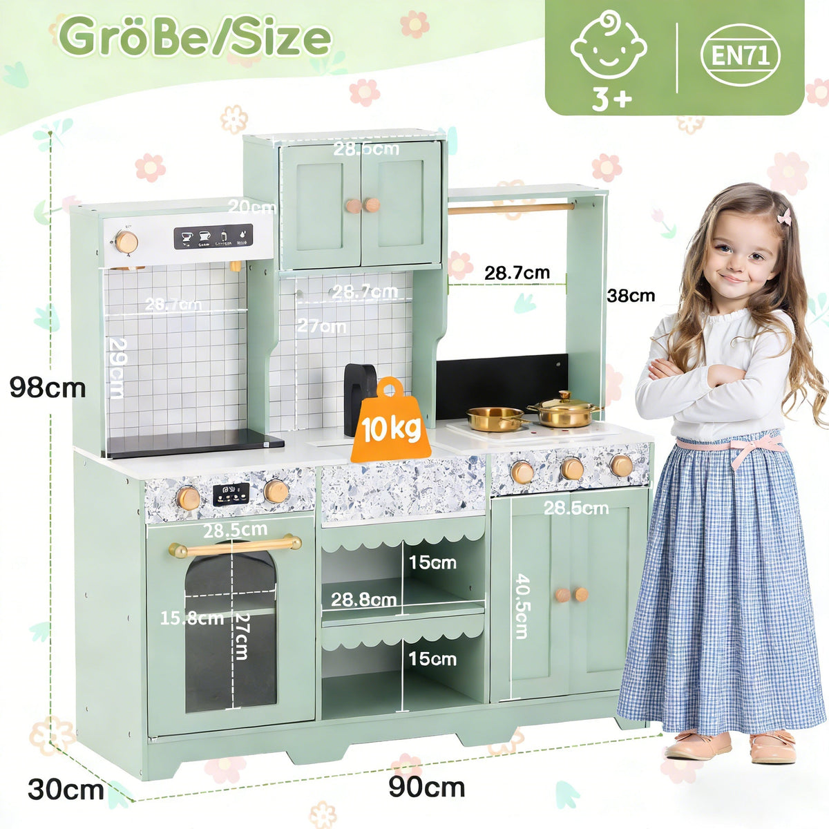 Children's Play Kitchen with Accessories and Creative Design, Green Wood and Plastic