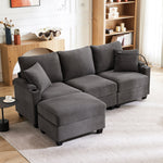 L-shaped Corner Sofa, Convertible 3-Seater with Footstool, Cup Holder, USB Charger, Armrest Storage, Dark Gray