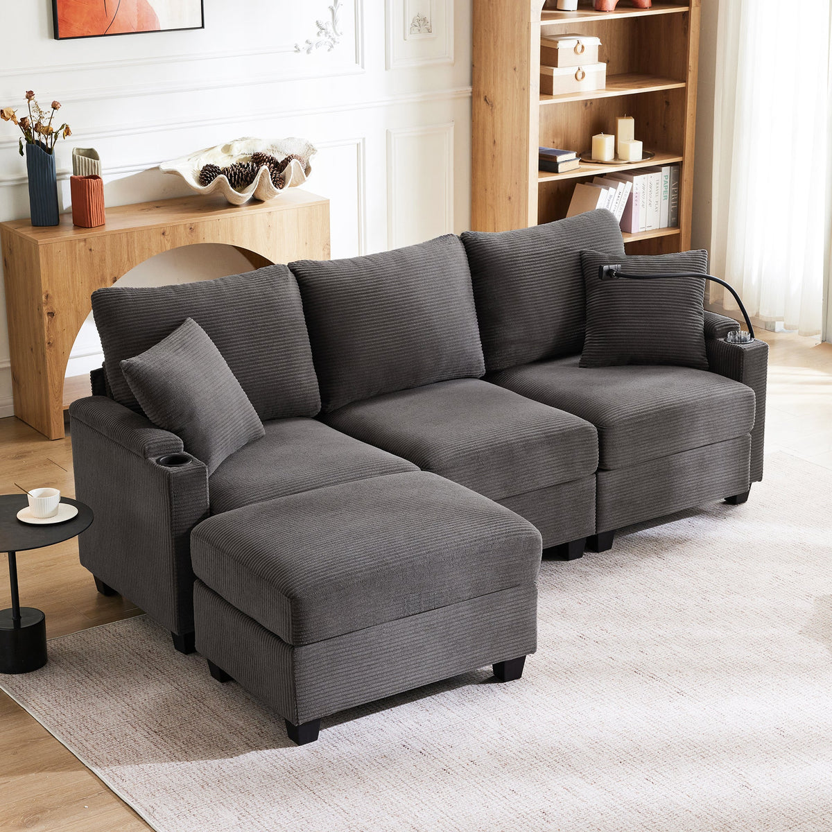 L-shaped Corner Sofa, Convertible 3-Seater with Footstool, Cup Holder, USB Charger, Armrest Storage, Dark Gray