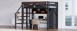 Metal Loft Bed, 140x200cm, Window Design, Safety Ladder, Storage, Black