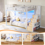 Loft Bed 90x200cm with LED & Storage Staircase - White Iron Frame