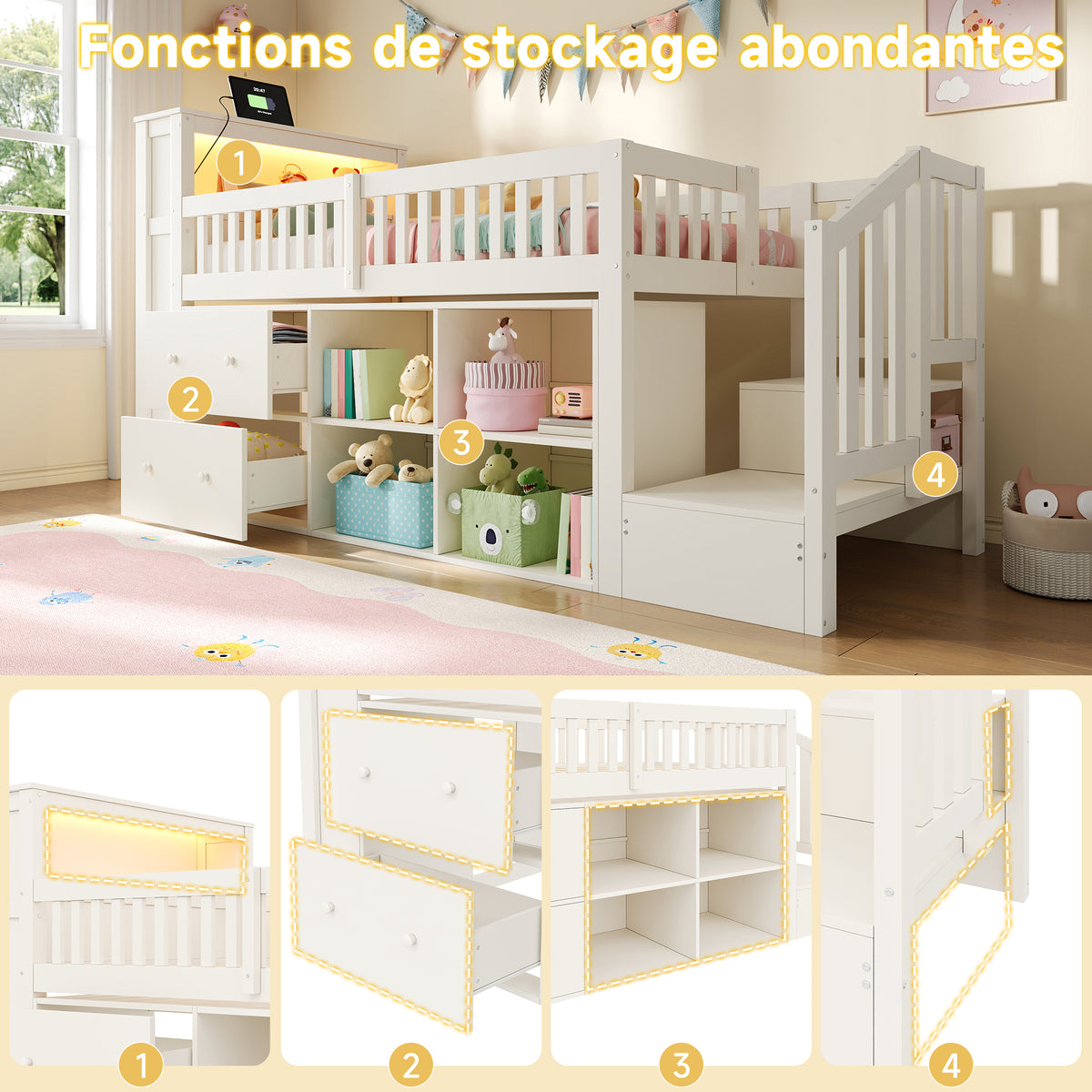 Mid-Height Bed 90x200 cm with Drawers, Storage & LED Lighting, White