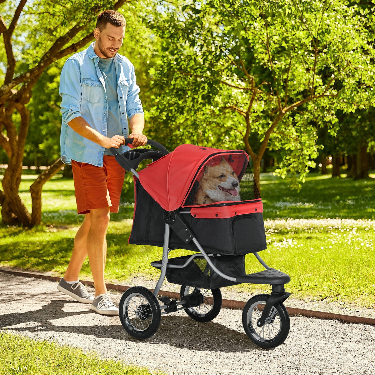 Dog & Cat Pet Stroller, Foldable 3 Wheels, Oxford Red Black