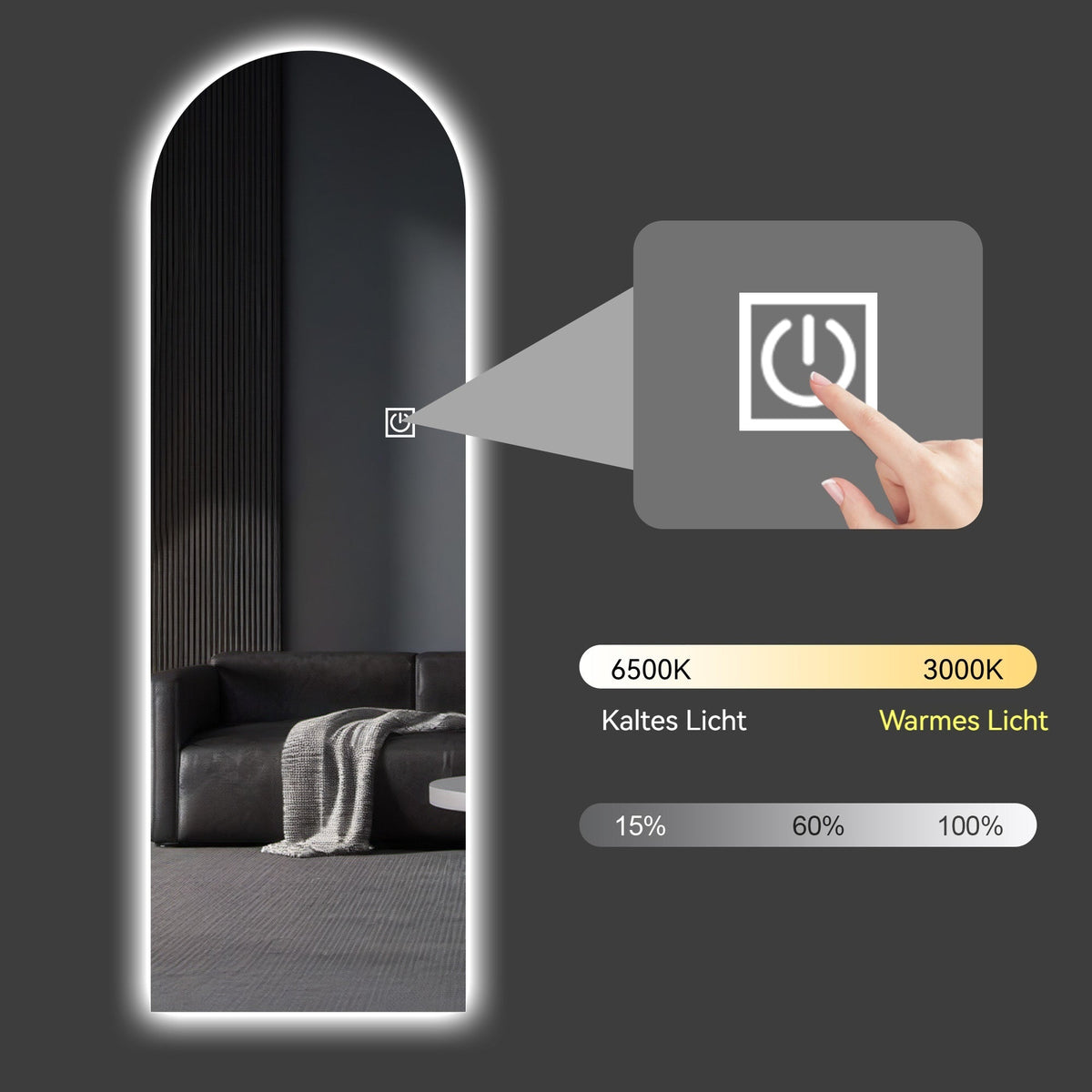 Arched LED Full-Length Mirror, Dimmable High-Resolution Explosion-Proof, Stand or Wall Mountable