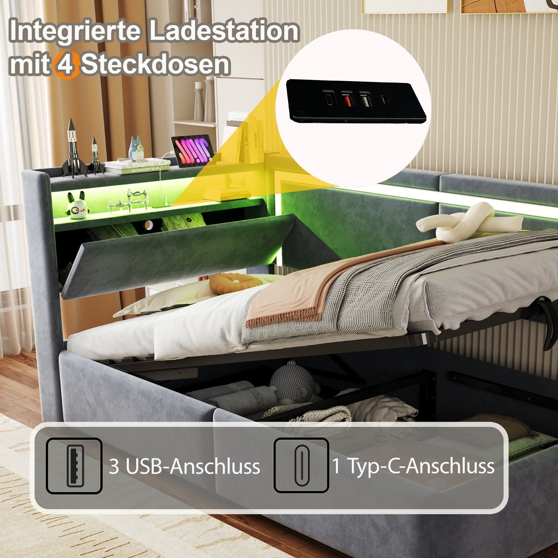 Upholstered Sofa Bed 90x200 cm with LED Lighting, USB Ports and Hydraulic Storage, Dark Grey Velvet