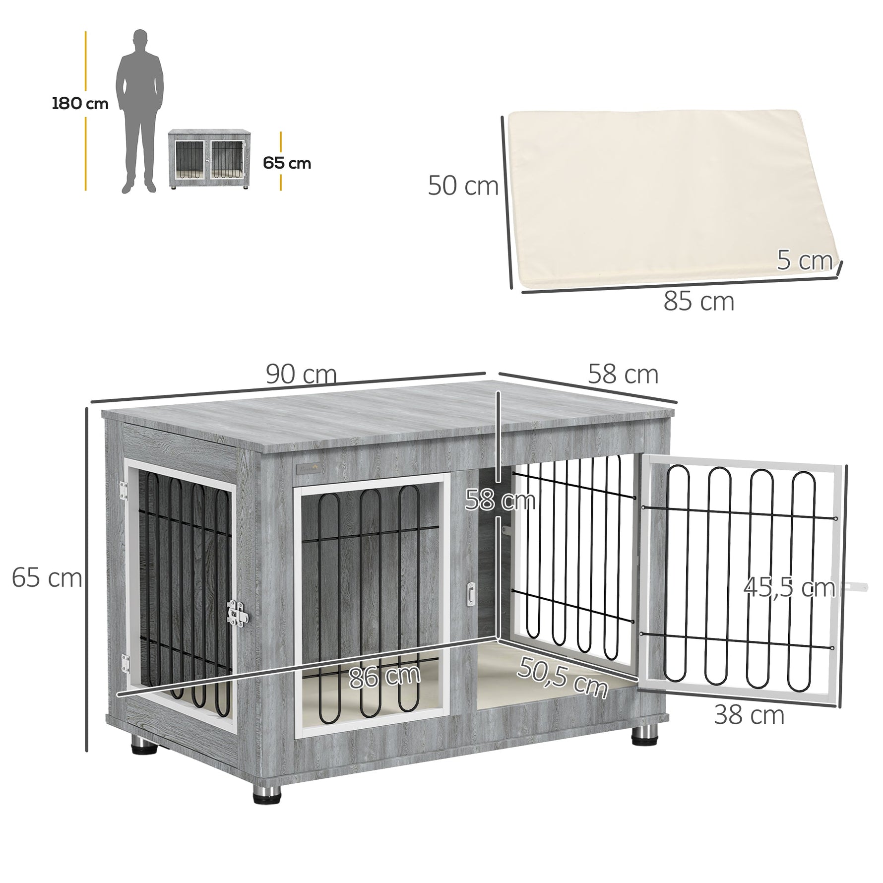 Dog Cage, Pet Crate with Cushion, 2 Locks, Grey