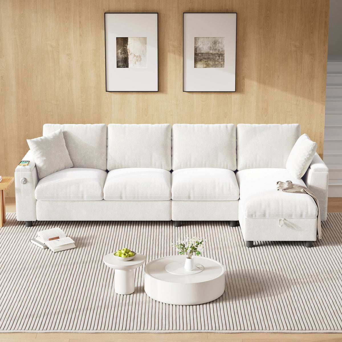 Chenille L-Shape Sofa Reversible Storage Armrests Fold-Out Table USB/Type-C - Beige