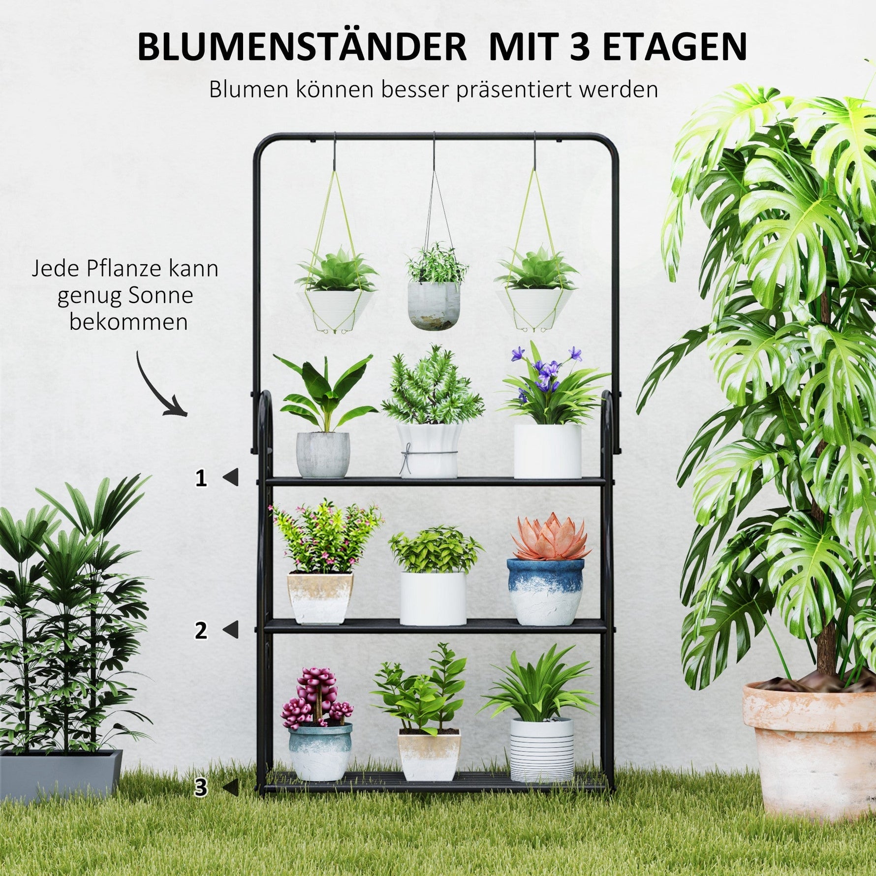 3-Tier Plant Stand, Hanging Rod Hooks 137cm High, Metal Black