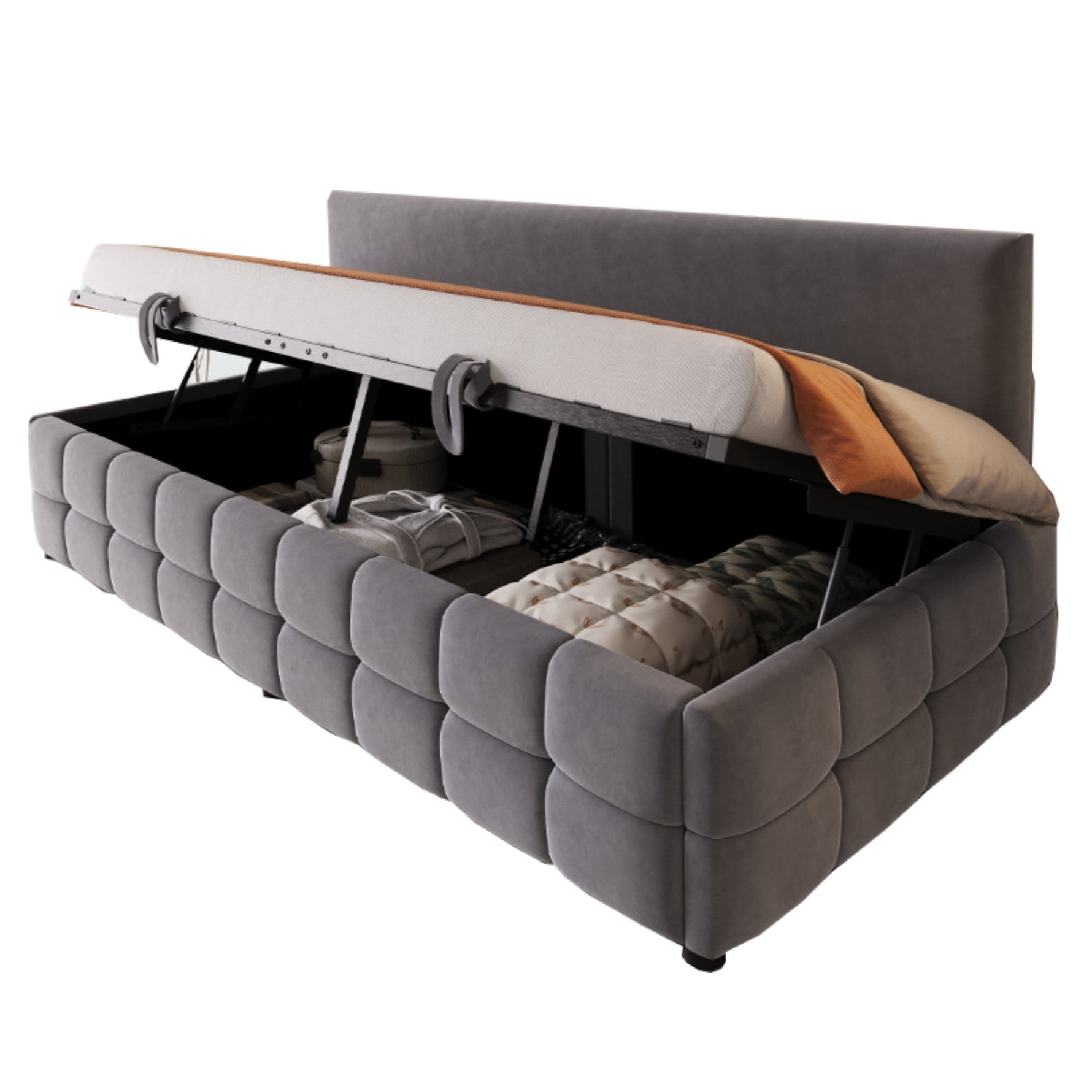 Upholstered Sofa Bed 90x200cm, Hydraulic Storage, Backrest, Check Pattern, Dark Grey Velvet