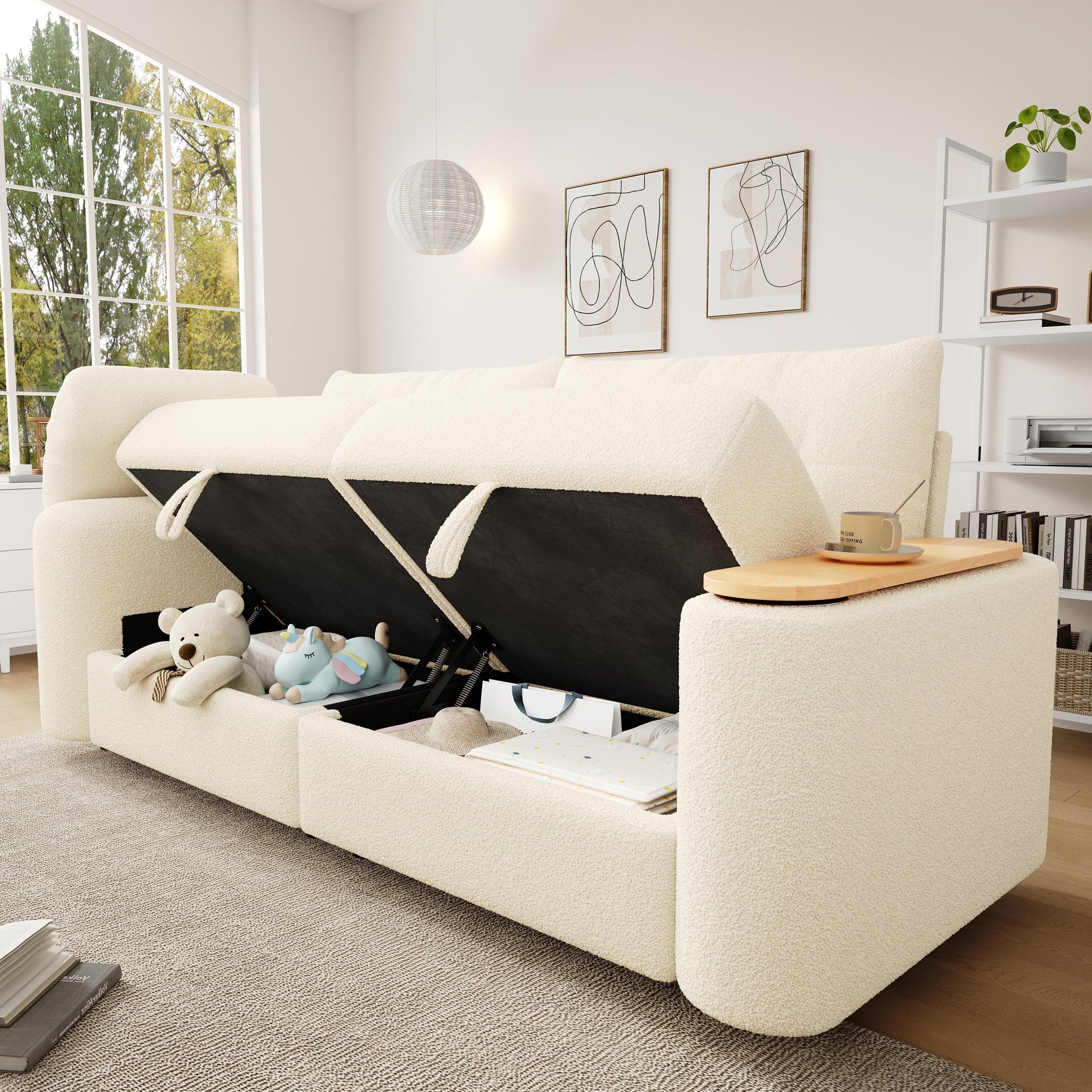 Teddy Plush Sofa, 3-Seater Modular Sofa Bed with Storage and Side Table, Beige