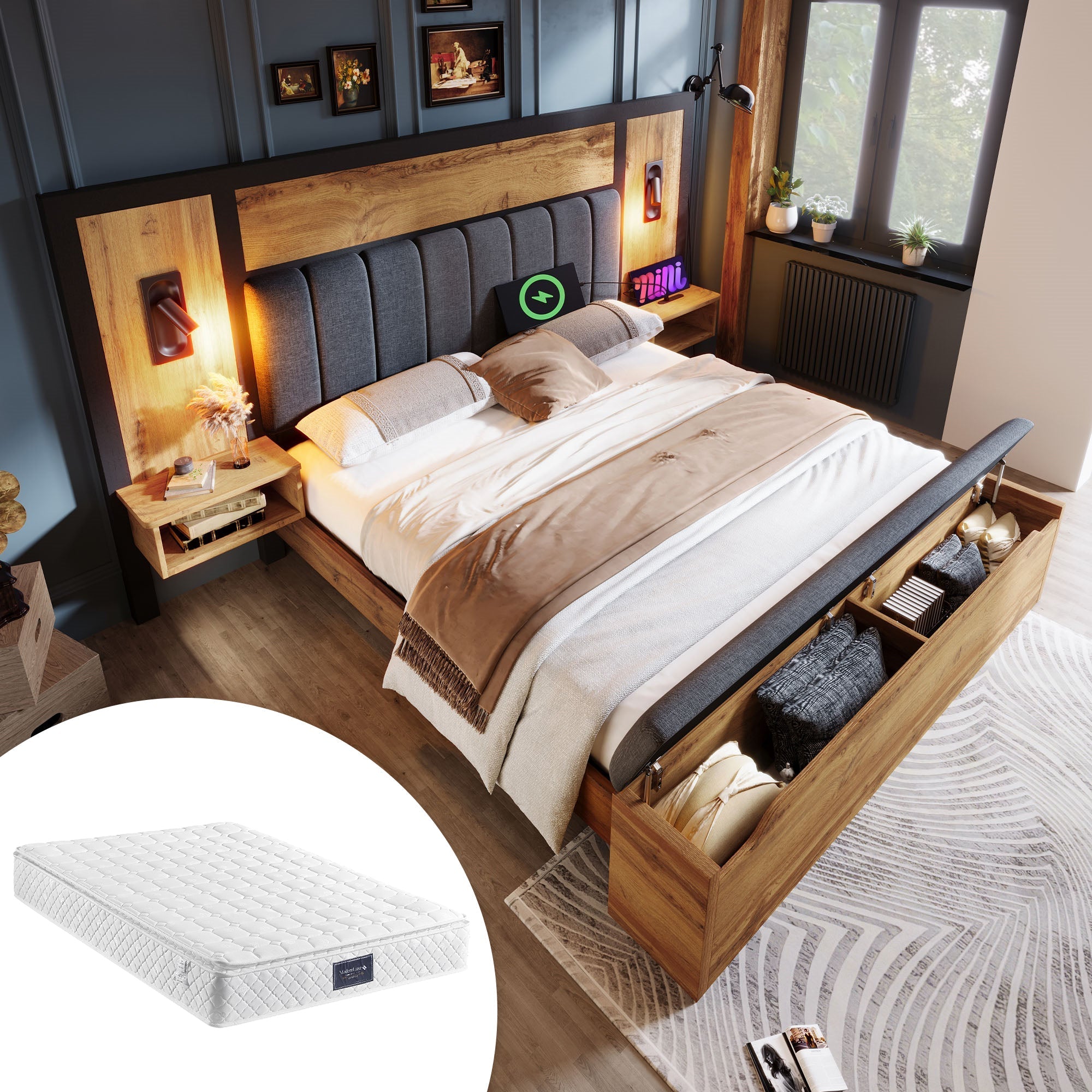Upholstered Bed 160x200 with Reading Lamp, USB C, Storage Bench - Metal, Wood, Linen, Oak