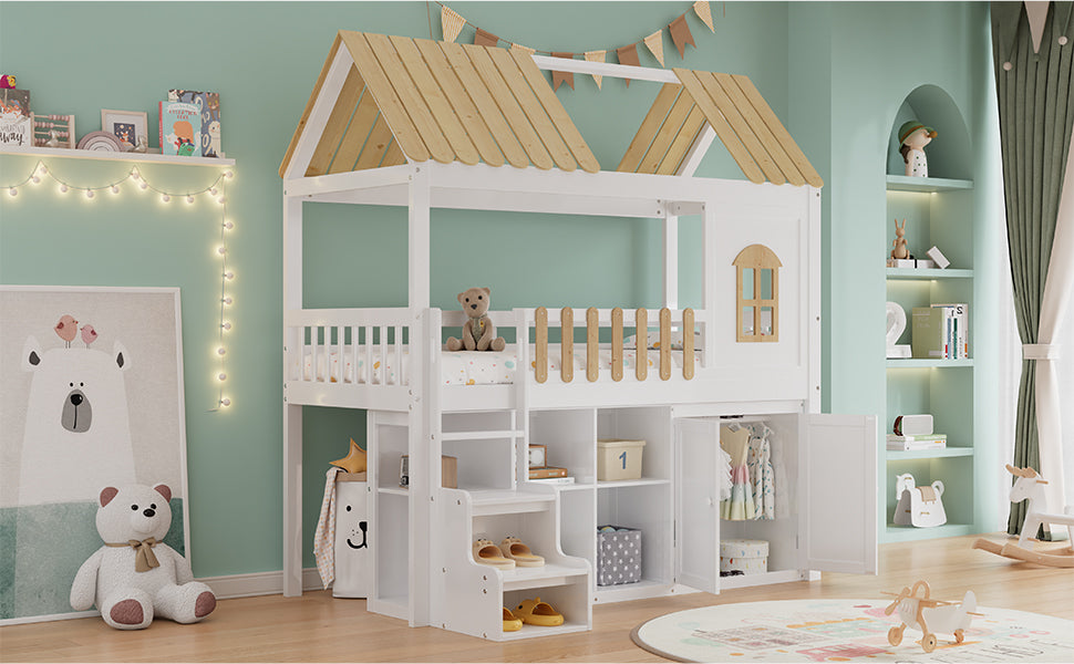 Bunk Bed with Wardrobe & Shoe Rack 90x200cm, White & Natural Pine