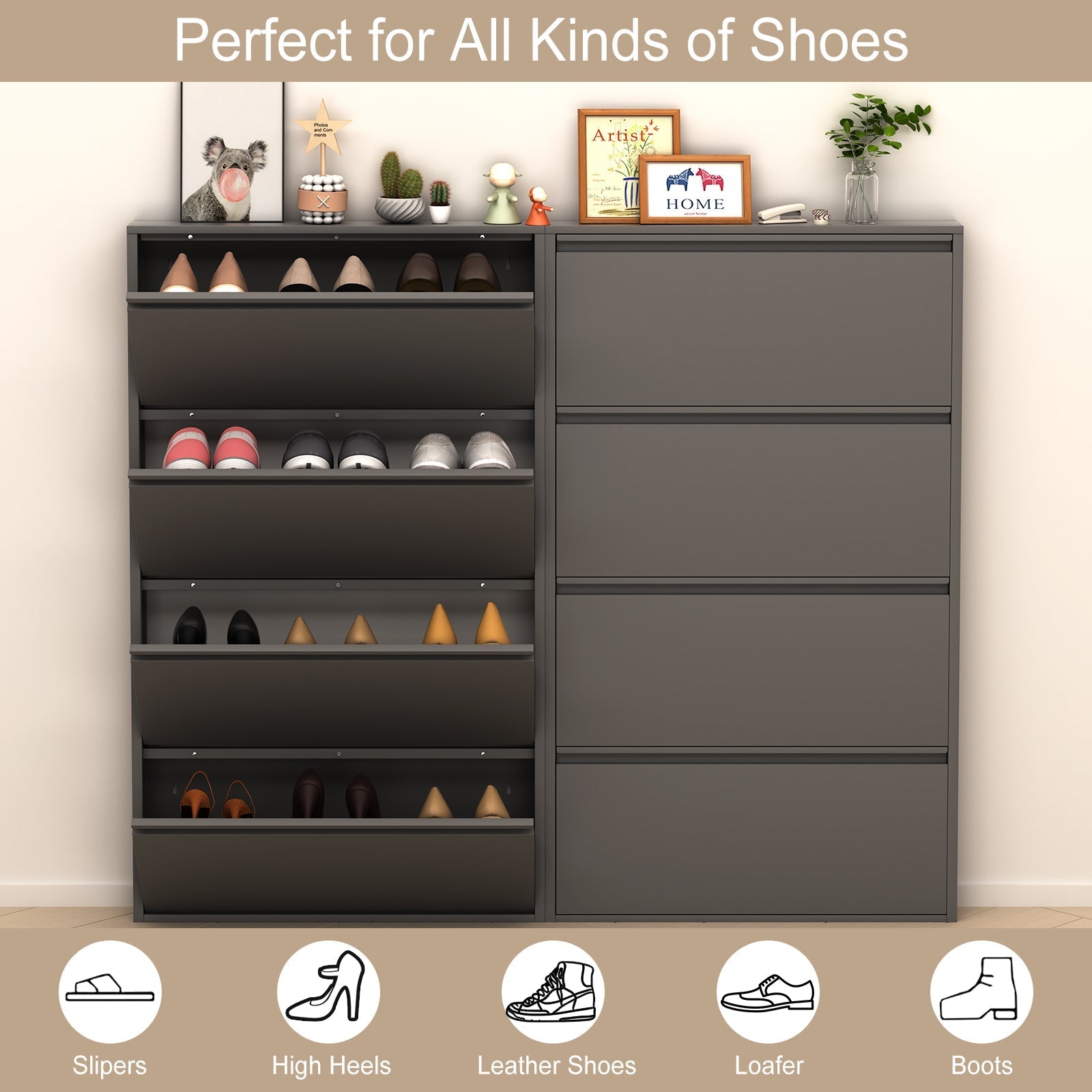 Metal Shoe Cabinet 4 Flip Drawers Narrow Wall Mount Black