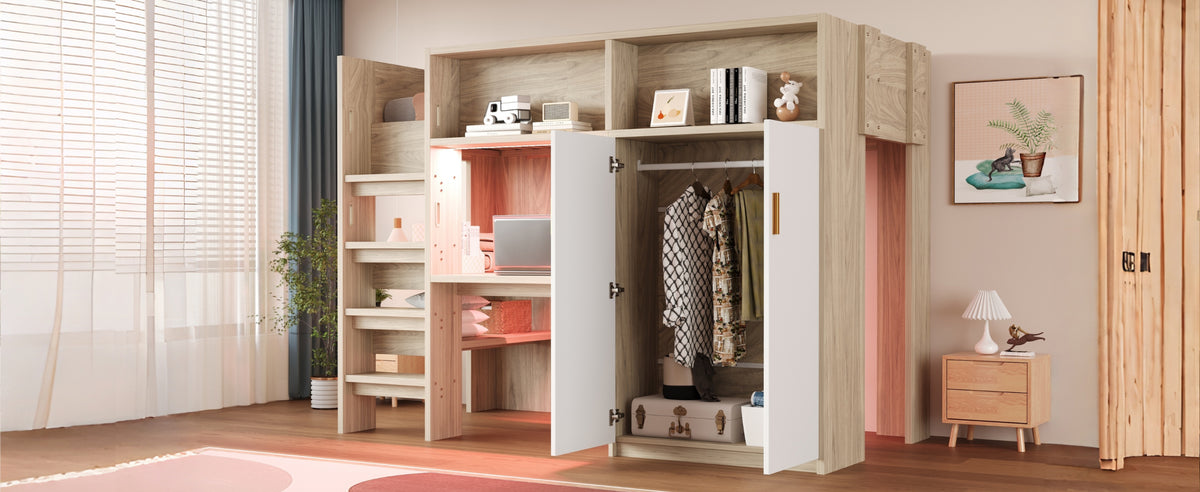 Multifunctional Loft Bed 90x200 with Desk, Wardrobe & Storage, Wood