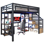 Loft Bed with Desk, Storage Ladder and LED Strip, Black Iron Frame