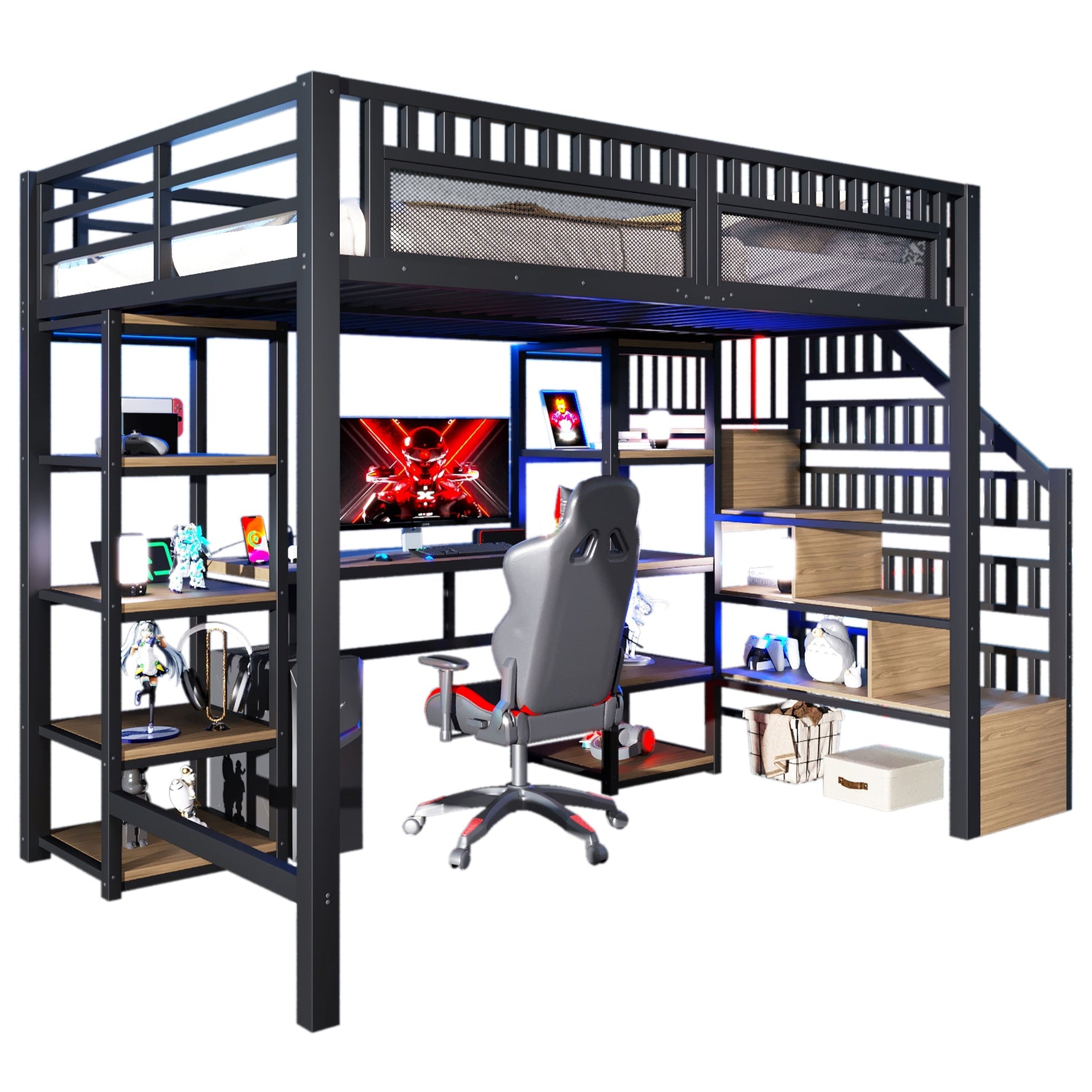Loft Bed with Desk, Storage Ladder and LED Strip, Black Iron Frame