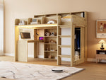 Multifunctional Loft Bed 90x200cm with Desk & Wardrobe, Wood