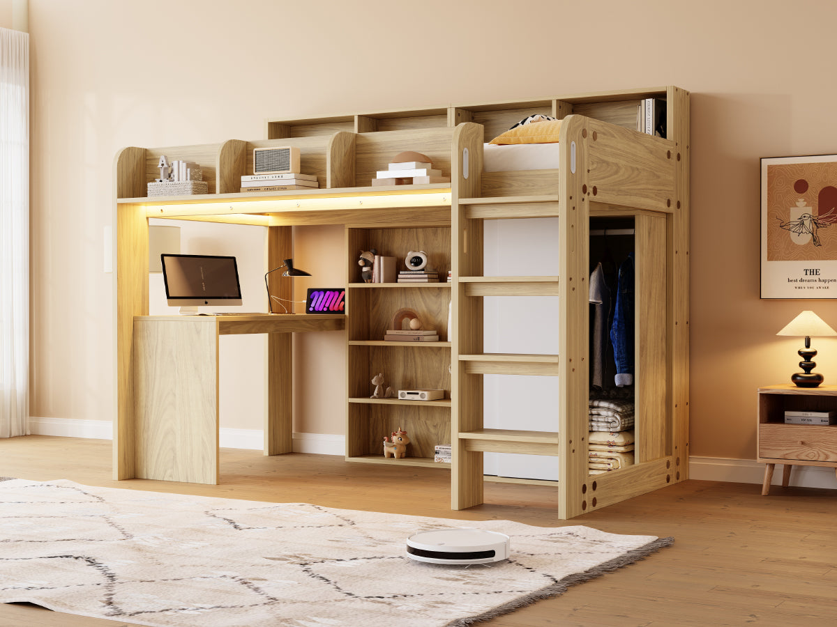 Multifunctional Loft Bed 90x200cm with Desk & Wardrobe, Wood