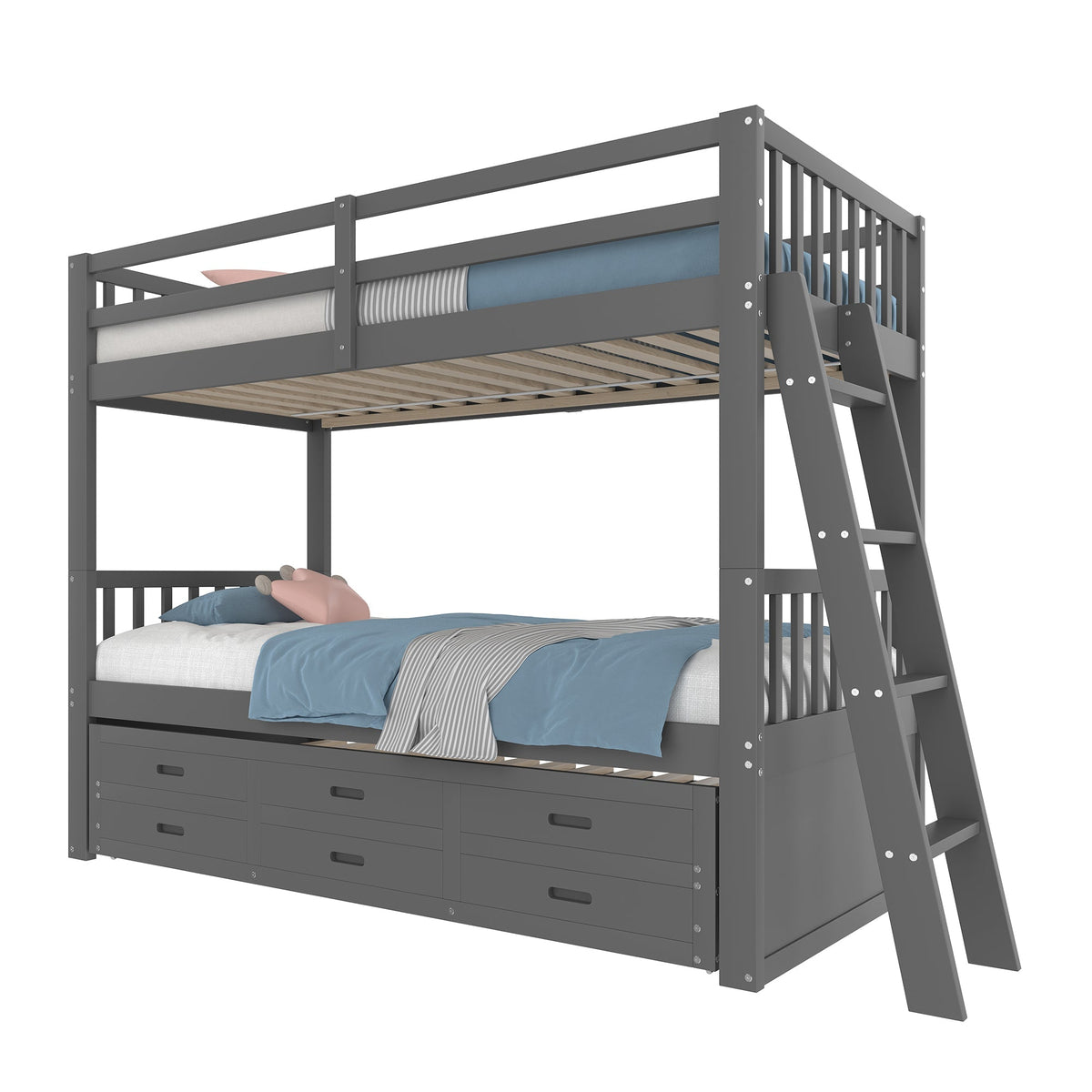 Bunk Bed House Bed 90x200cm Pull-out Bed Ladder and 3 Drawers Grey