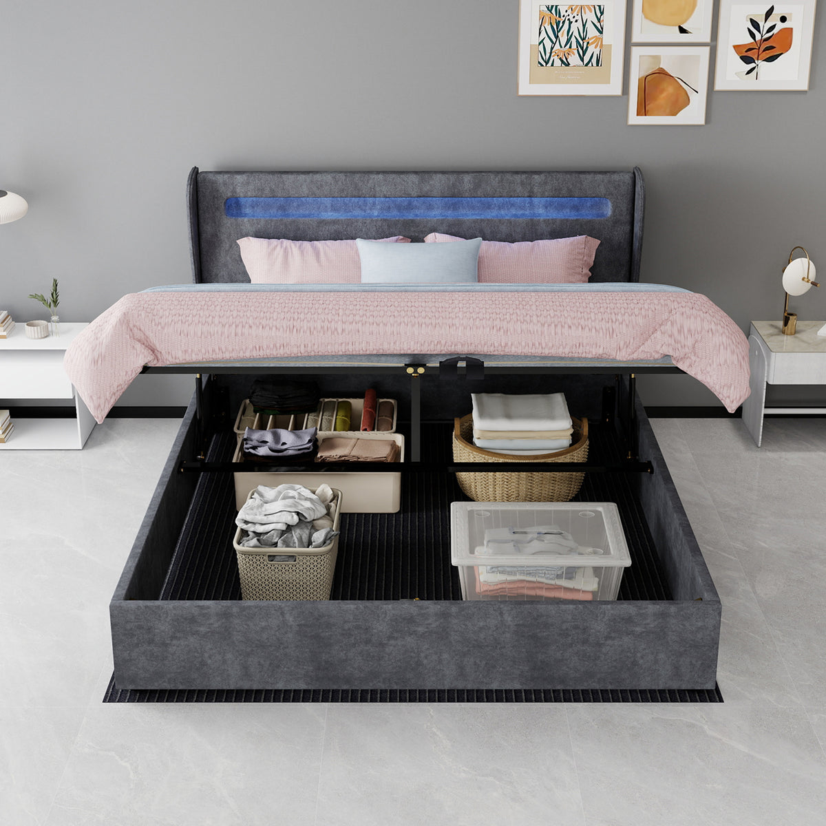 Upholstered Bed 160x200cm with LED Headboard & Storage, Grey