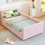 Upholstered Children's Bed 90x200cm LED USB Storage Velvet Pink