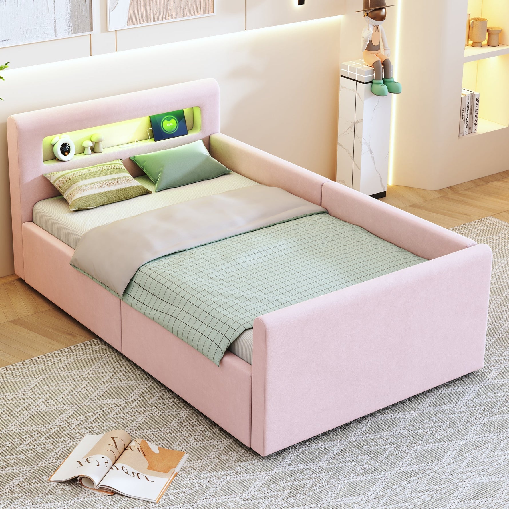 Upholstered Children's Bed 90x200cm LED USB Storage Velvet Pink