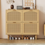 Shoe cabinet with 4 folding drawers, rattan and metal, wooden