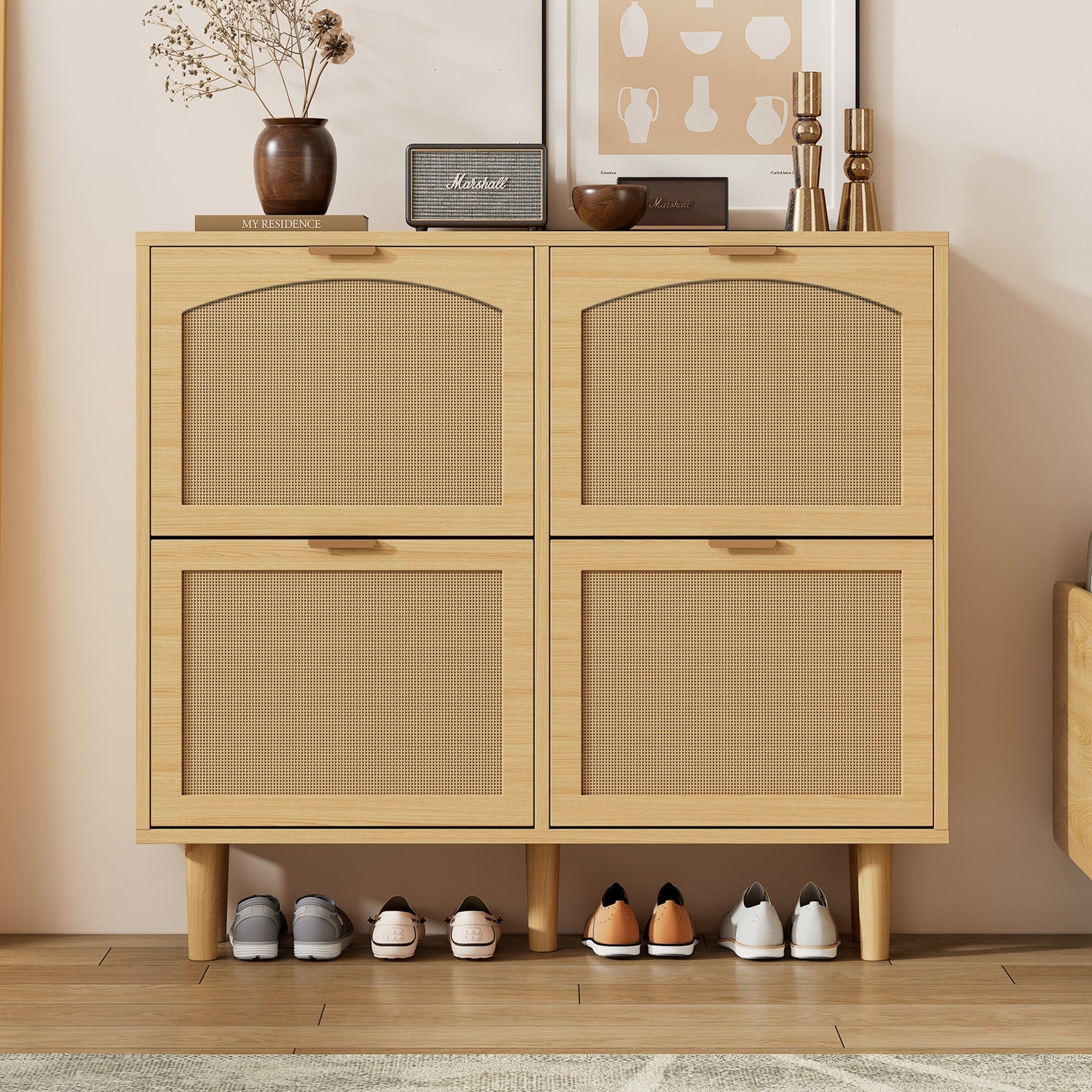 Shoe cabinet with 4 folding drawers, rattan and metal, wooden