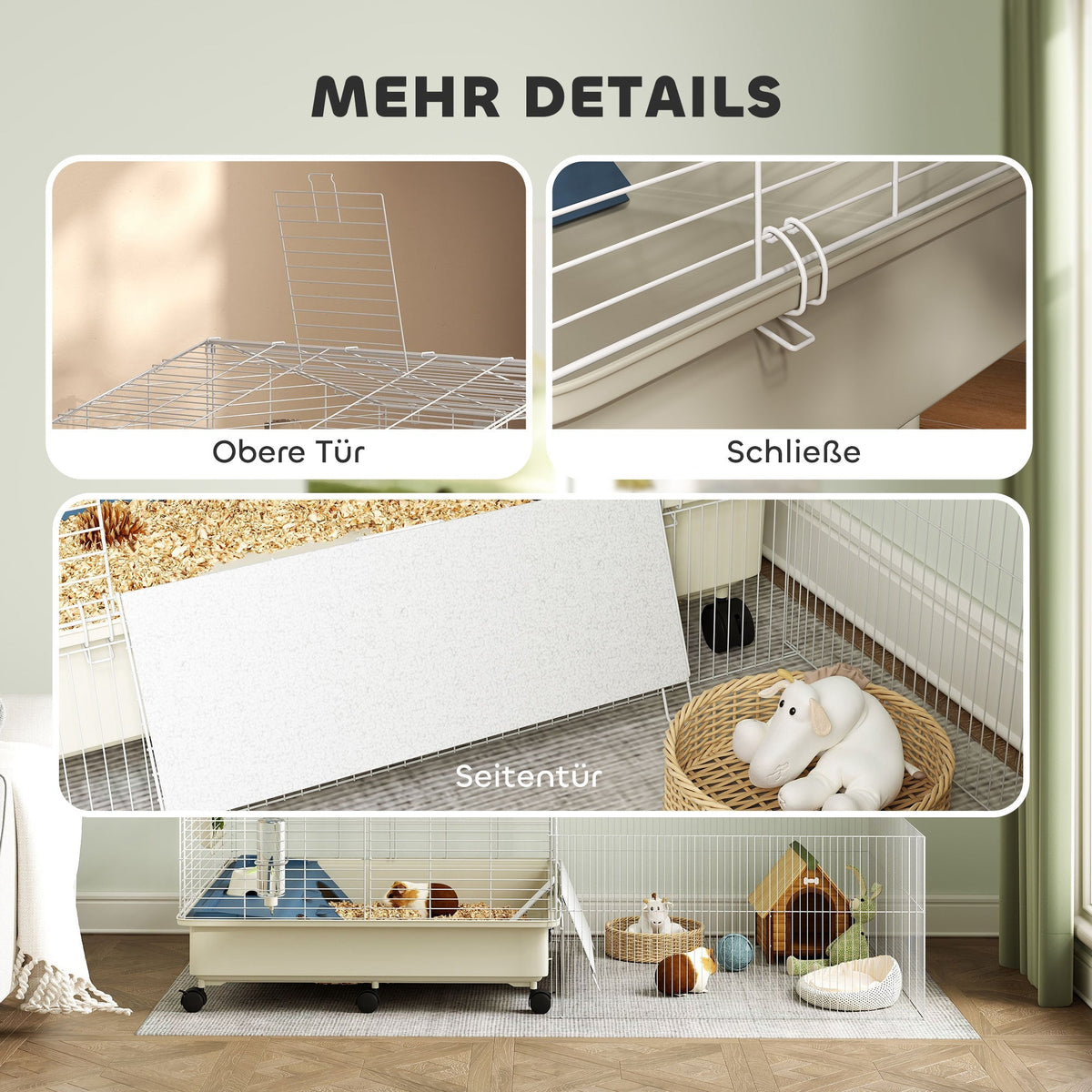 Small Animal Cage with Playpen, Rabbit Hutch and Wheels, White