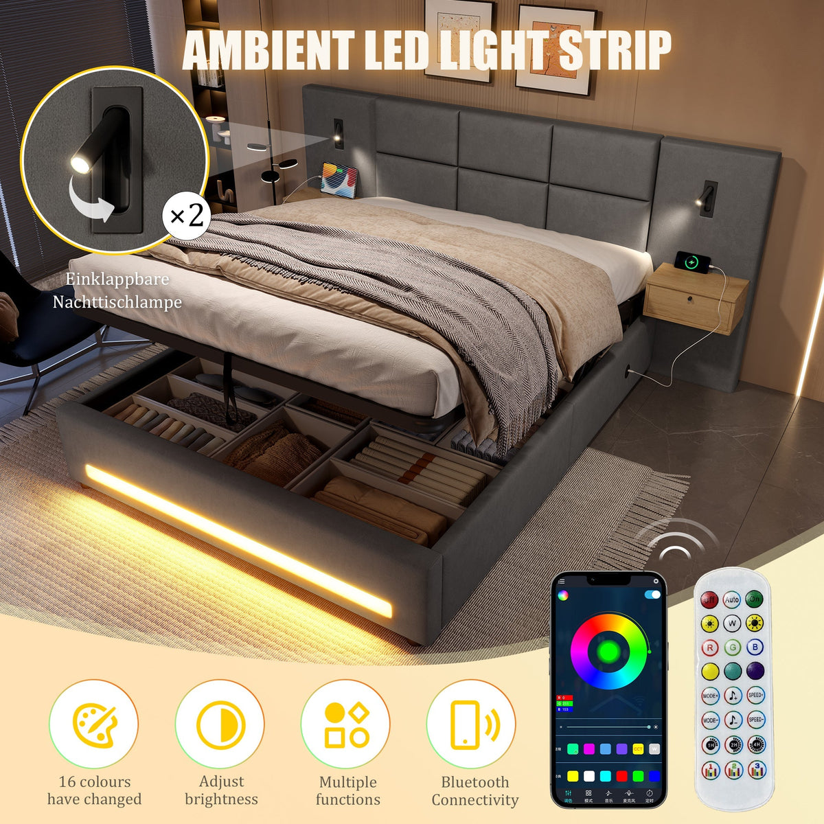 European Upholstered Bed 180x200cm Storage LED USB-C Velvet