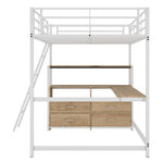 Loft Bed with L-Shaped Desk and Storage Drawers, White Metal Frame