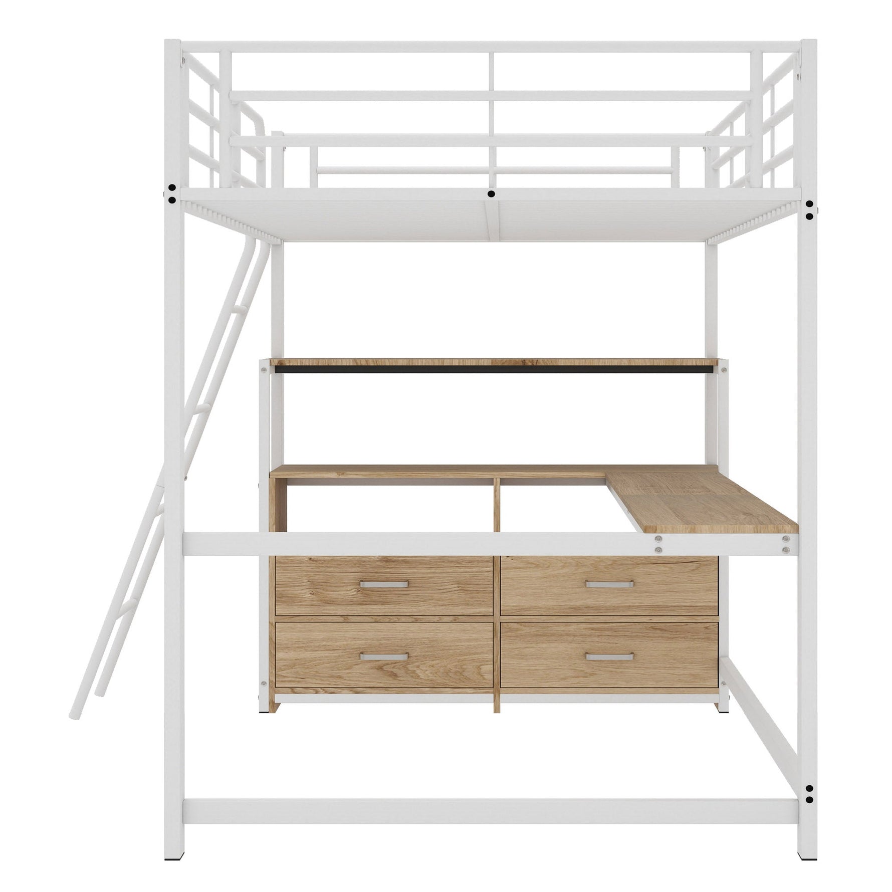 Loft Bed with L-Shaped Desk and Storage Drawers, White Metal Frame