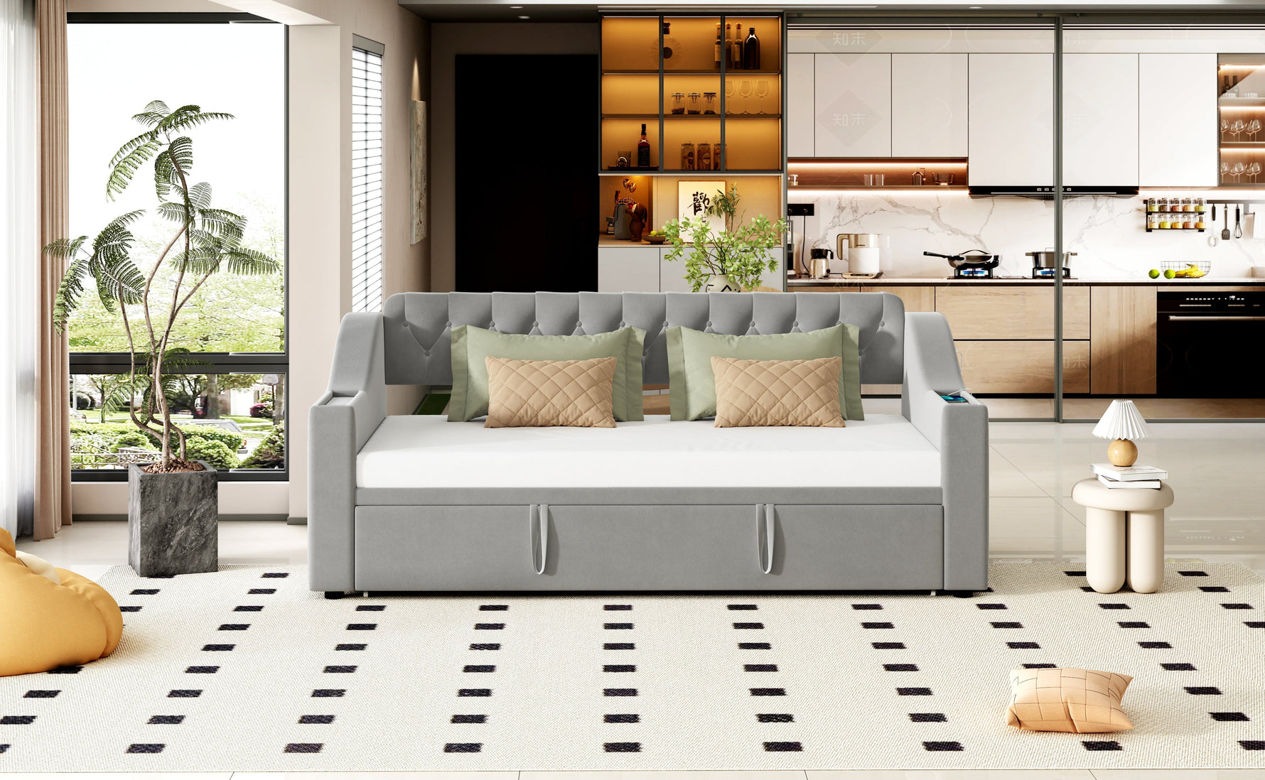 Upholstered Sofa Bed with USB Charging Port, Storage, Slatted Frame, Velvet Fabric, Grey