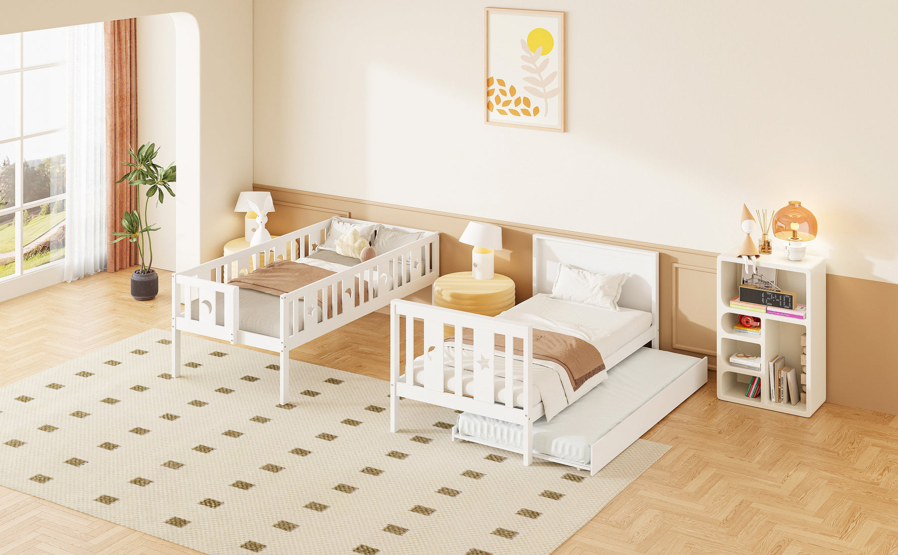 Bunk Bed for Kids with Pull-Out Bed and Storage Stairs, White