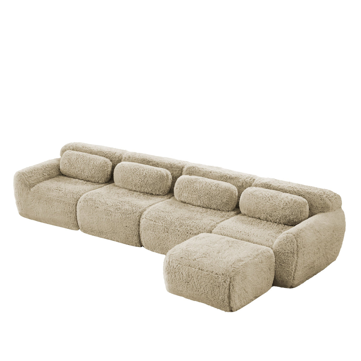 4-Seater L-Shaped Sofa Modular Chaise Plush Fabric - Light Khaki
