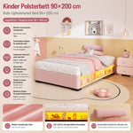 Children's Upholstered Bed with LED Shelf, 90x200 cm, Pink