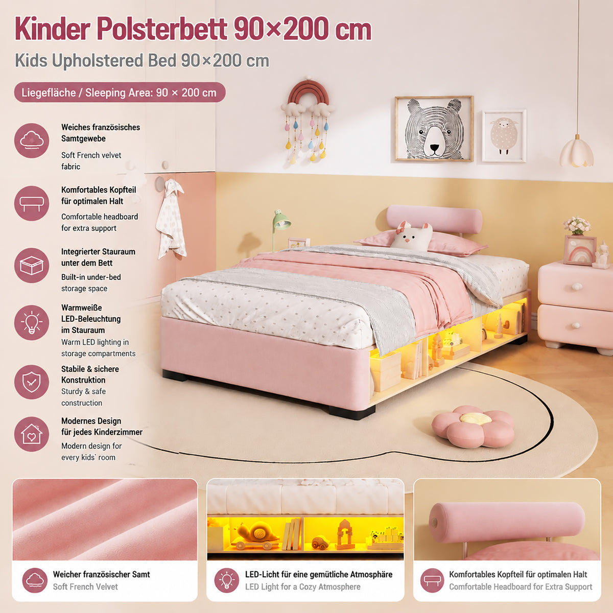 Children's Upholstered Bed with LED Shelf, 90x200 cm, Pink