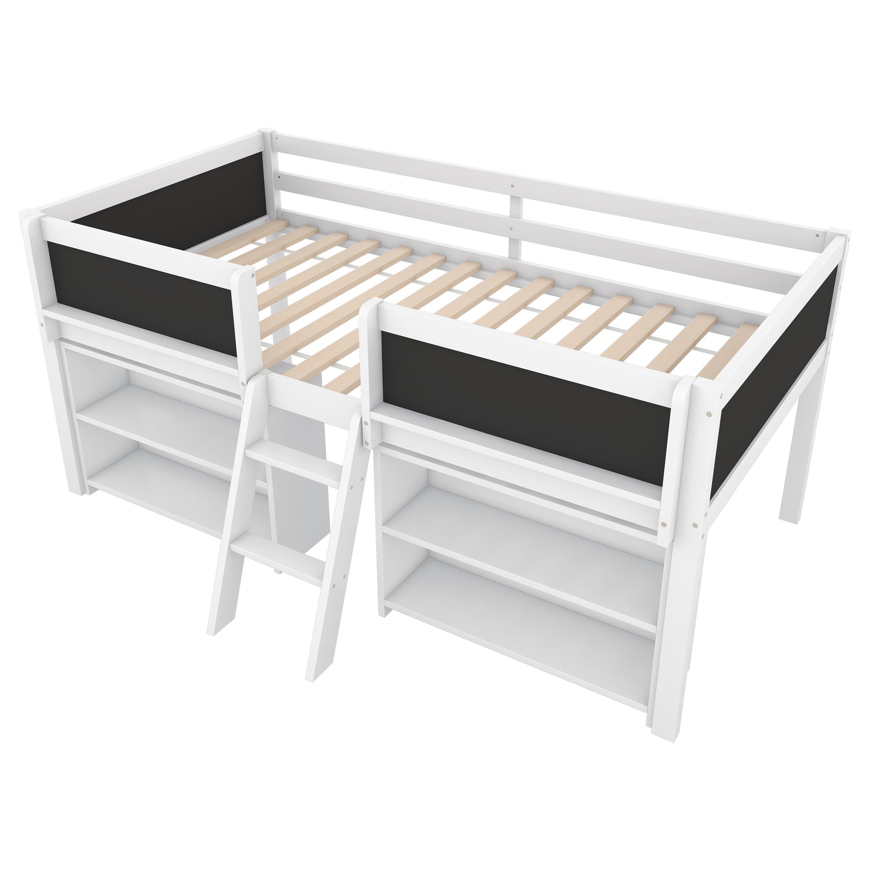 Mid-Sleeper Bed with Storage Shelves and Ladder, 90x200cm, White Pine Wood