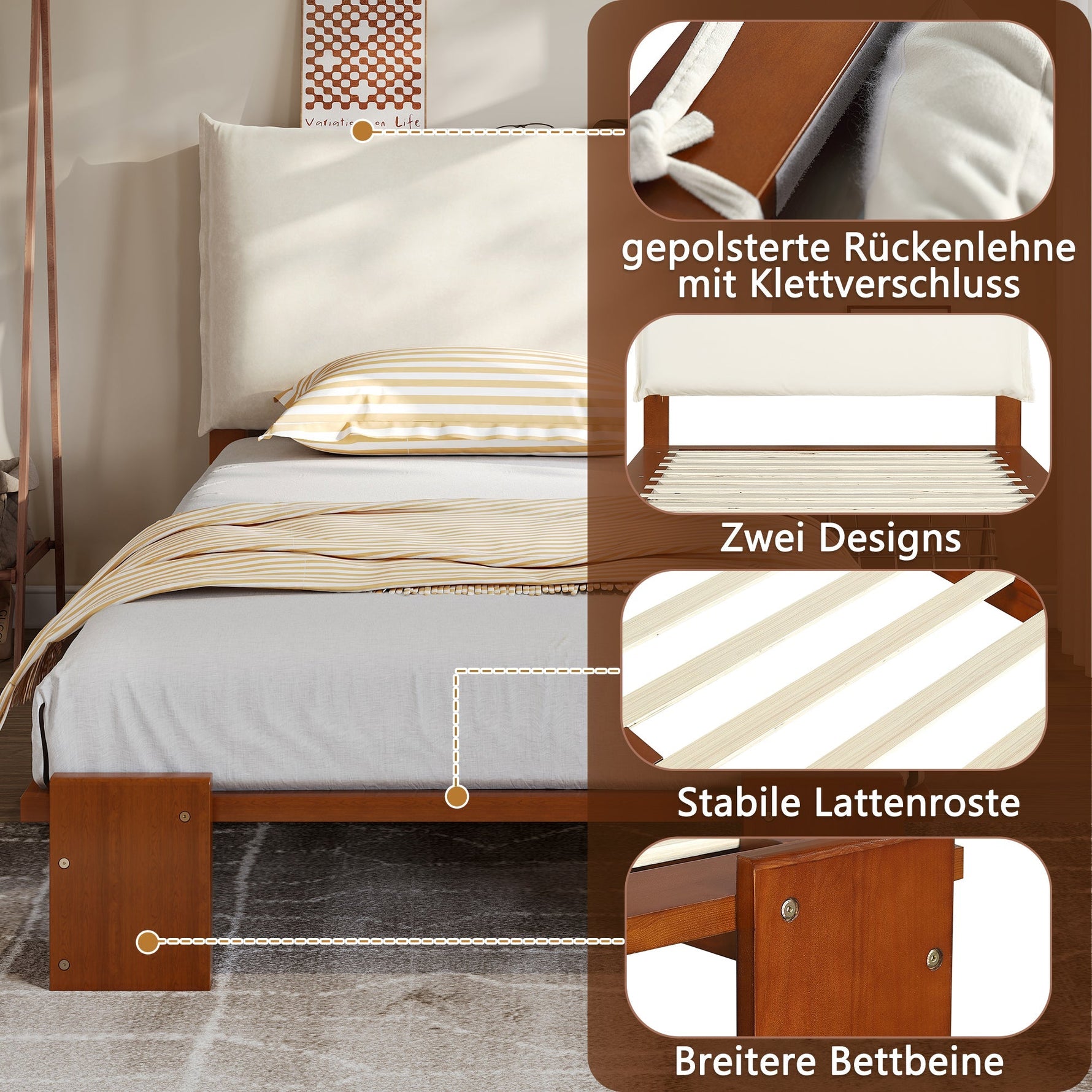 Upholstered Single Bed with Padded Headboard and Slatted Base, Dark Brown